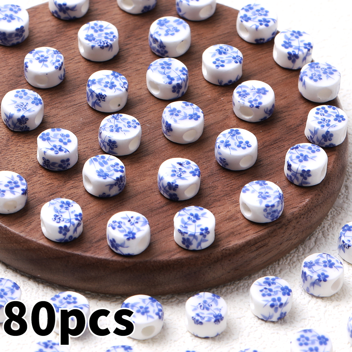 20pcs Random Color Flat Round Printed Flower Ceramic Beads